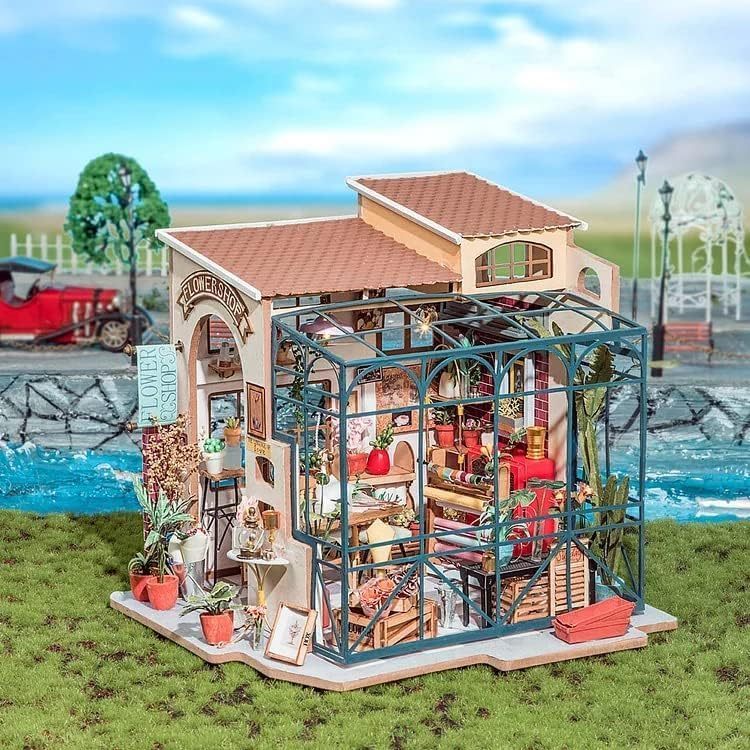 ROBOTIME Rolife DIY Miniature House Kit Emily's Flower Shop, Tiny House Kit For Adults To Build, Mini House Making Kit With Furniture, Halloween Christmas Decorations Gifts DG145