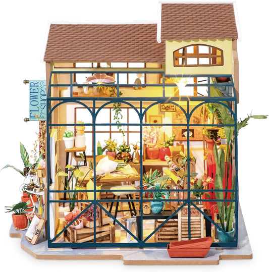 ROBOTIME Rolife DIY Miniature House Kit Emily's Flower Shop, Tiny House Kit For Adults To Build, Mini House Making Kit With Furniture, Halloween Christmas Decorations Gifts DG145